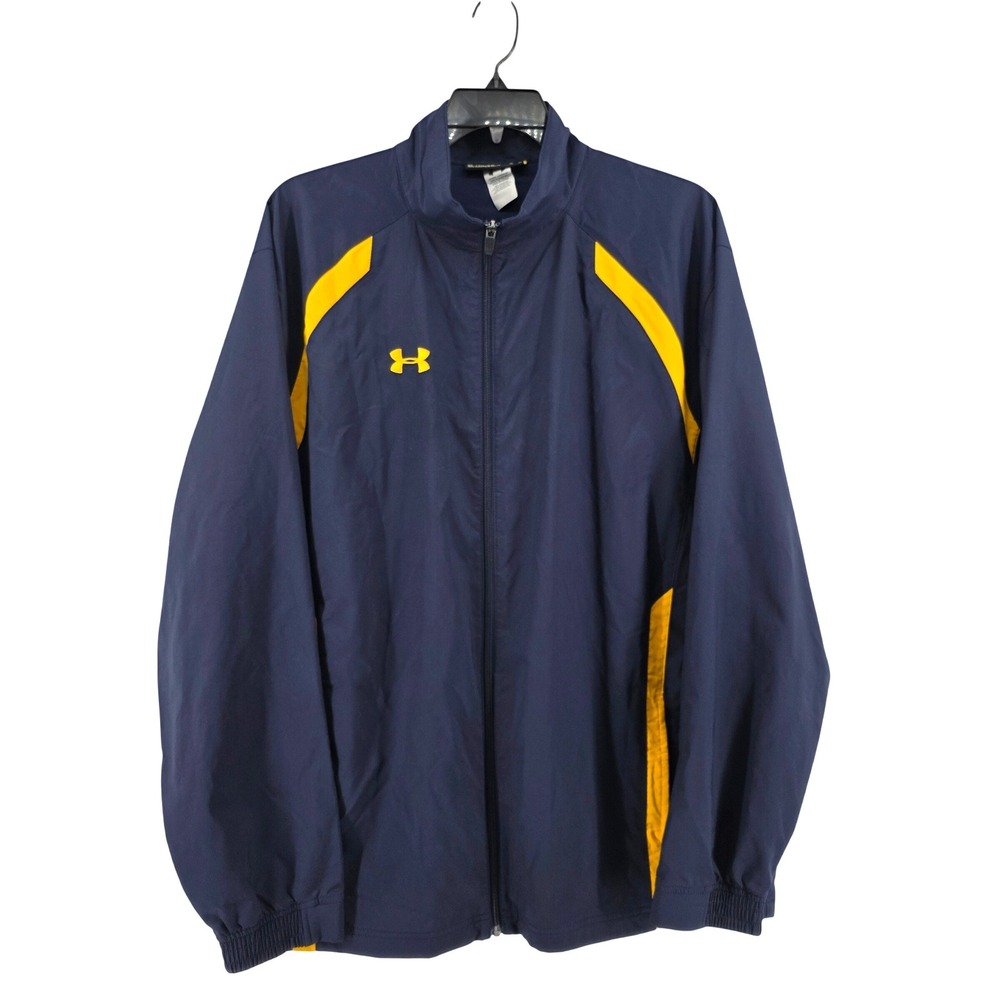 Under Armour Mens XL Track Jacket Navy Blue Yellow Full Zip Loose Fit Athletic
